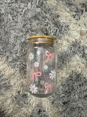 Coquette Pink Daisy Hard Plastic Cup w/ Bamboo Lid & Straw Cottagecore Aesthetic